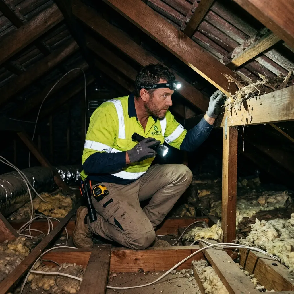 Technician inspecting a roof cavity for a dead animal in Shoreham