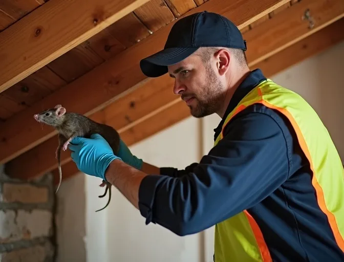 Technician inspecting a roof cavity for a dead rat in Shoreham